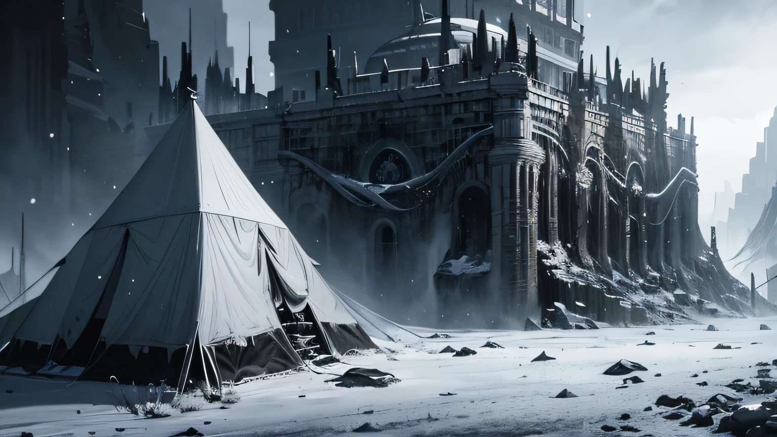 (dark biopunk art), ((biopunk tentacle hopeless horror fantasy art)), high mountain peak, High Mountain, snow, gray and white colors, black tarry liquids, Dark sky, desolated, broken tents
