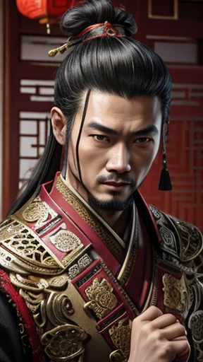 oriental、man in ancient chinese clothes、ancient chinese hairstyle man、three kingdom、multiple warlords、highest quality、masterpiece、ultra high resolution、(Photoreal:1.4)、game poster、inside the house、alone