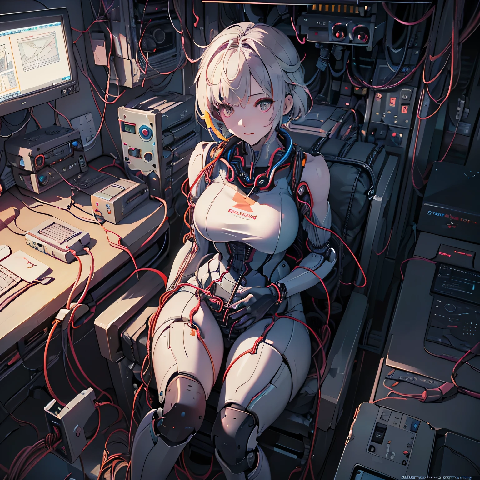 (((masterpiece))), (((highest quality))), ((Super detailed)), (Detailed CG illustration), ((very delicate and beautiful)),cinematic light,((1 female machine)), alone,mature,big and full breasts,Plump, whole body, (Machine Made Joint:1.4),((Mechanically cut muscle vessels connected to tubes),((Mechanical cervical vertebrae attached to the neck)),,(((open crotch))),((sitting)),(Wires and cables attached to head and body:1.5),short hair,(character focus),SF, ,((very detailed,colorful)),best details