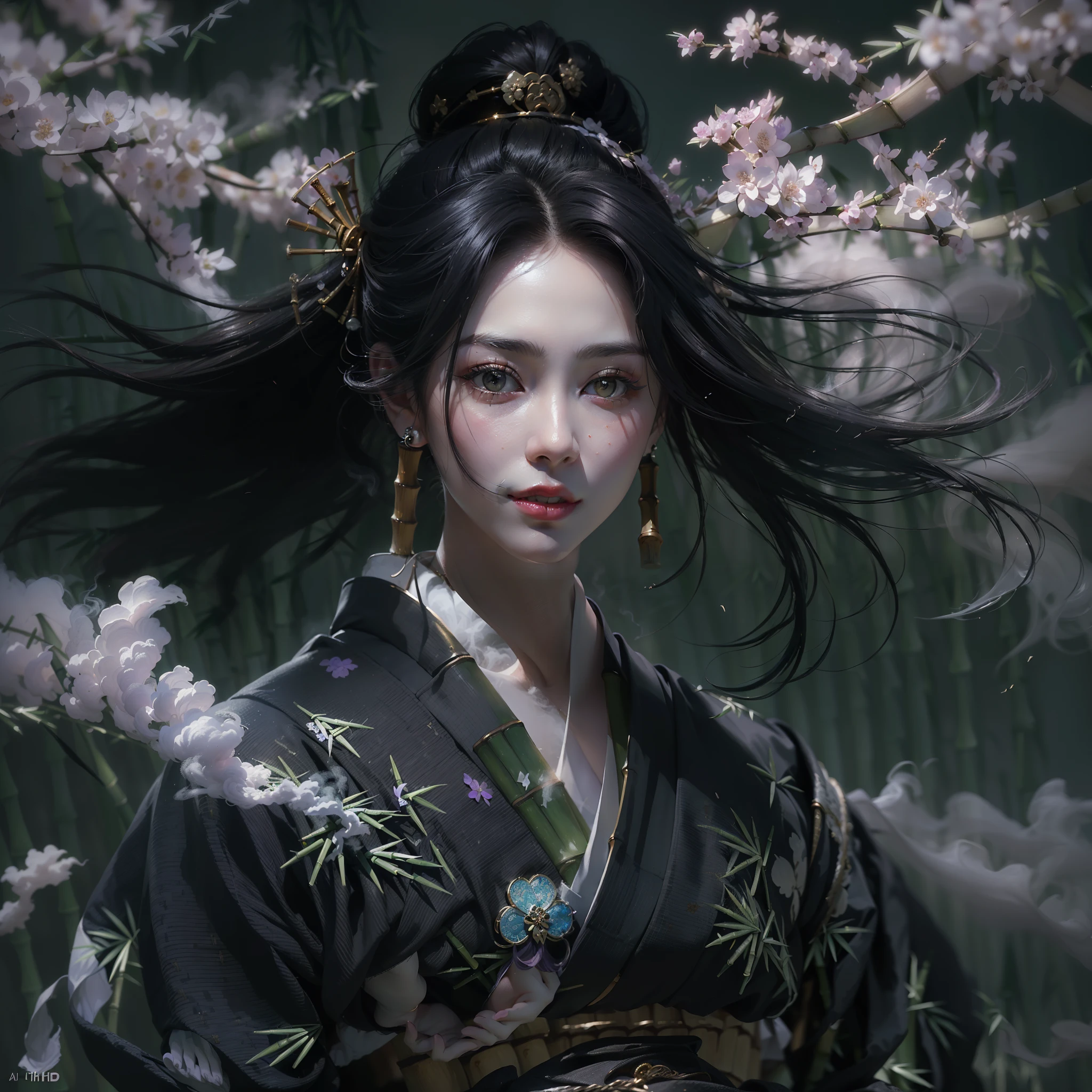 (Numerous award-winning masterpieces, with incredible detail, textures and maximum detail), (hyper realistic:1.4), (realistic:1.3), (Full body image:1.9), (upper body up:0.2), (transparent strangely white skin with the highest quality realistic texture), (The one she holds in her hand is a straight Japanese sword with delicate decorations that emits a mysterious light: 1.8), (Geisha warrior swinging a sword: 1.8), (five perfect and beautiful fingers:1.4), (Japanese folktale geisha warrior: 1.8), (Beautiful long black hair fluttering in the wind:1.8), (Her hairstyle is a beautiful Japanese geisha hairstyle:1.8), (Her hair is decorated with lots of kanzashi, a Japanese hair ornament: 1.4), (wearing a decadent and extravagant Japanese kimono: 1.8), (She has a smile on her blood-red lips: 1.7), (Japanese dark eyes with precise circular symmetry), (Detailed and breathtakingly beautiful face: 1.6), (Image of aesthetic and decadent atmosphere: 1.8), (fair but beautiful skin and face: 1.6),  (wearing many decadent and delicately crafted accessories: 1.8), (Bioluminescent bright black eyes: 1.7), (Depraved Beauty: 1.8), (A pair of black eyes with strong black light emitting from within:1.7), (Less skin exposure:1.5), (Strong moonlight shining from overhead: 1.7), ((dramatic photo)), ((cinematic light)), (Full body image:1.9), (looks up), (looking down), (dramatic pose), (smoke effects and bewitching light:1.4), beautiful white hair, beautiful silver hair, (Bamboo thicket: 1.8), Wind Effects, (Cherry blossom petals falling in the wind: 0.8), (Lightning running in the sky:0.8), wind and rain, (Drifting purple smoke: 1.3), (Dark nights, full moon nights, crescent moon night), epic realistic, faded, ((neutral colors)), art, (hdr:1.5), (muted colors:1.2), hyper detailed, (art station:1.5), cinematic, warm lights, light effect, dramatic light, (intricate details:1.1), complex background, (Greg Rutkowski:0.8), (teal and orange:0.4),