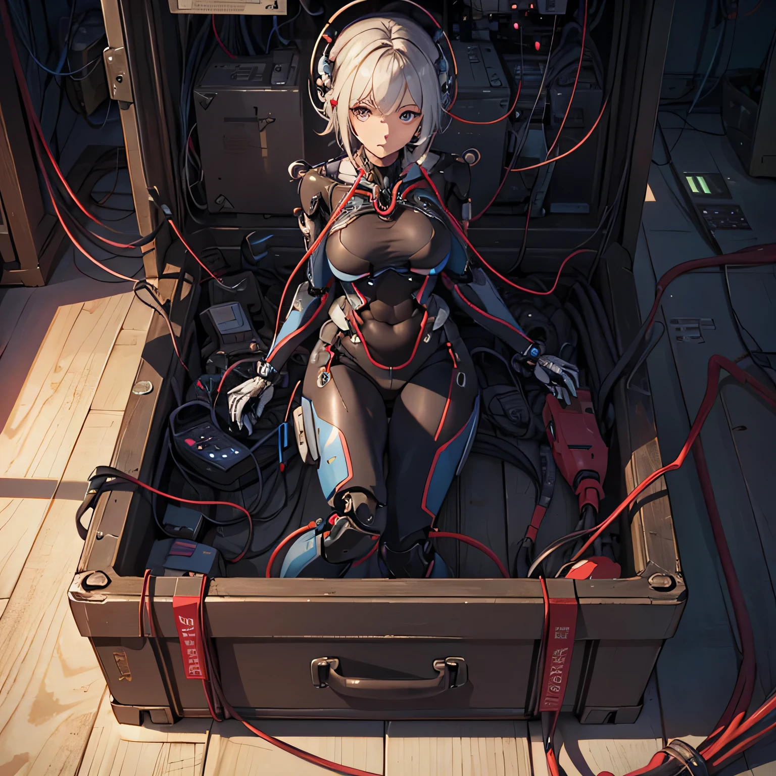 (((masterpiece))), (((highest quality))), ((Super detailed)), (Detailed CG illustration), ((very delicate and beautiful)),cinematic light,((1 female machine)), alone,mature,big and full breasts,Plump, whole body, (Machine Made Joint:1.4),((Mechanically cut muscle vessels connected to tubes),(a brain in container:1.3),((mechanical spine attached to the back)),((Mechanical cervical vertebrae attached to the neck)),,(((open crotch))),((sitting)),(Wires and cables attached to head and body:1.5),short hair,(character focus),SF, ,((very detailed,colorful)),best details