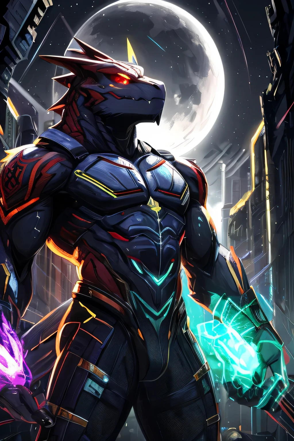 masterpiece, best quality, perfect anatomy, (detailed eyes:1.2), (Red Raptor), male, solo, cables as tenacles from back, glowing eyes, floating in air, digital_space, binary, glitchy, glitch creature, liquid, detailed background, Evil, Mischief, kemono, solo, made of glitch, void creature, chaos, corruption, bara, muscles, anime_pose, negative_space, inverted_filter, glitched, error, virus, malware, malicious