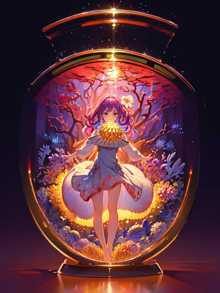 perfect eyes:1.2, detailed eyes:1.4, pineapple, laugh, seat, air bubbles, (masterpiece:1.6, best quality), phglottle, in container, (finely detailed beautiful eyes: 1.2), 1 woman, alone, big bust, purple hair, pink hair, two tone hair, under water, floating hair, (((masterpiece))),(((best quality))),(((very detailed))), illustration, mysterious, Vivid colors, shining, under water transparent sealed hemispherical glass, whole body, bare foot, long hair tranquil nature, demand, under water, enlargement, dynamic action, lens perspective, sit cross-legged and lean against the bookshel, volumetric lighting, multi-color eyes, detailed eyes, very detailed, light laugh, very detailed, beautiful, small detailed, ultra detail, best quality, convoluted, 4K, 8 thousand, Art Station Trends, good anatomy, beautiful lighting, award-winning