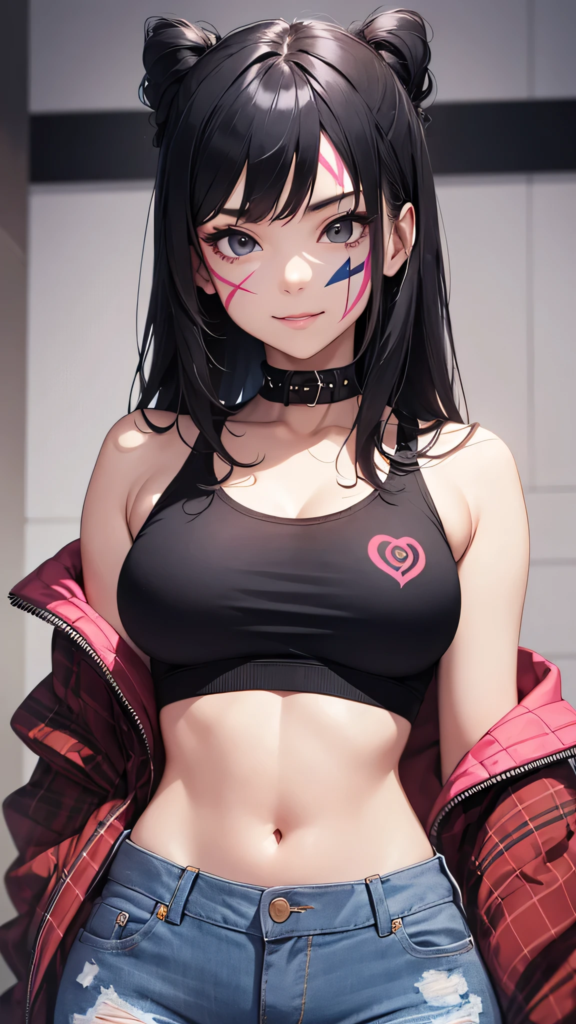 最high quality、best image quality、masterpiece、age girl((18-year-old、 by becoming、vest bust、medium bust,wide open breast tea、black eye, black hair、long hair、thin,highest valley、cute makeup、punk clothing、best smile、Red Face Paint、distressed jeans、distressed jacket、black sports bra、model pose、Crouching posture)),high quality、beautiful art、background((Large white room、white luxury convertible car)),pieces fly、Depth of written boundary、movie、visual art、perfect art、