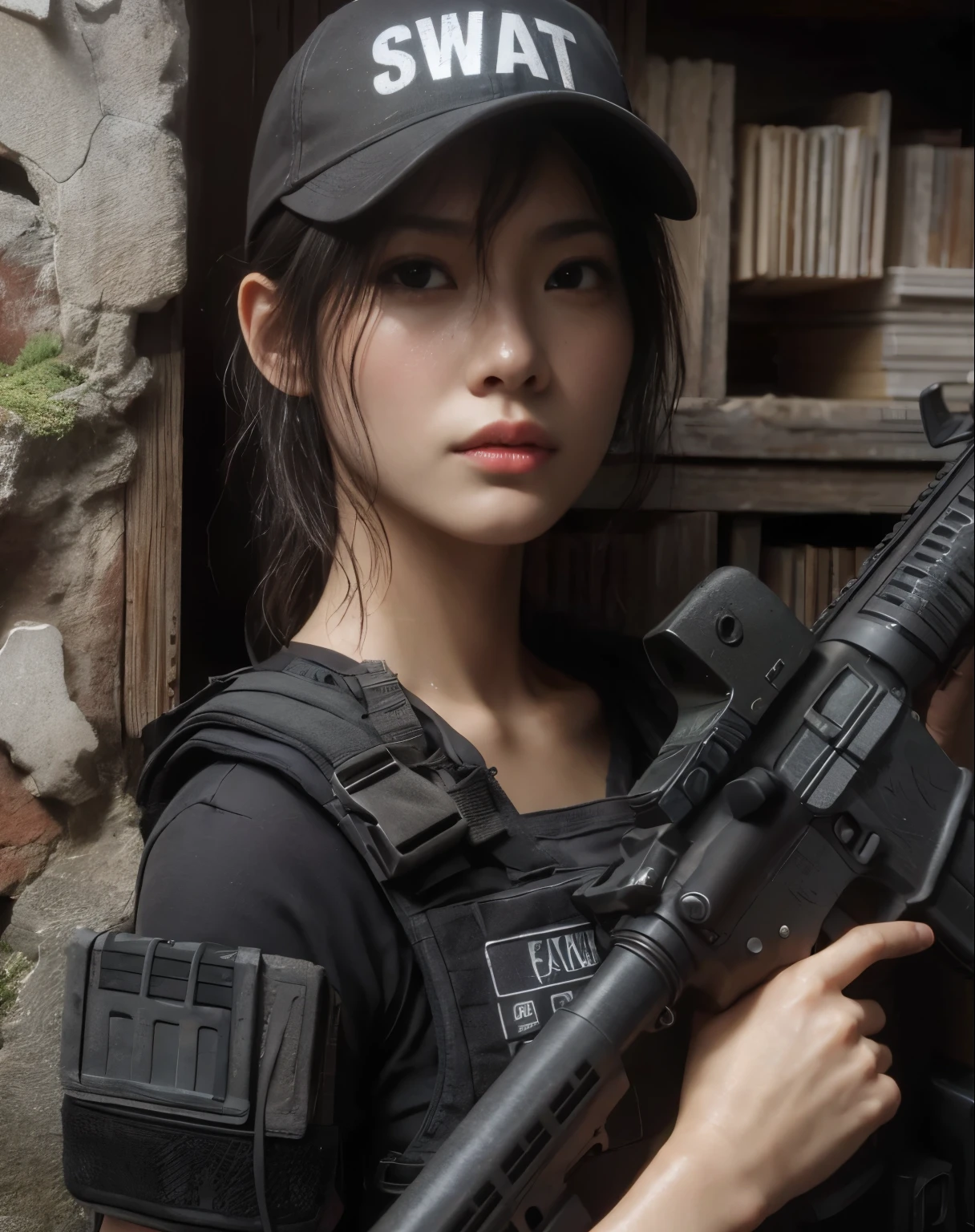 photorealistic、realistic skin texture、automatic rifle、scratch