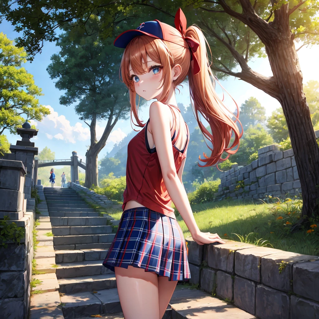Red-blonde、blue hair、blue eyeraid、ponytail、one good looking girl、solo、anime、Plaid miniskirt、black t-shirt、camisole、forest、walking、Wearing a plaid baseball cap、Tilting your face、Doing the ribbon、sunset sky、stone bridge、stone stairs、petal、A small bird flying、big tree、tunnel、squirt、Bang、stretching one's back