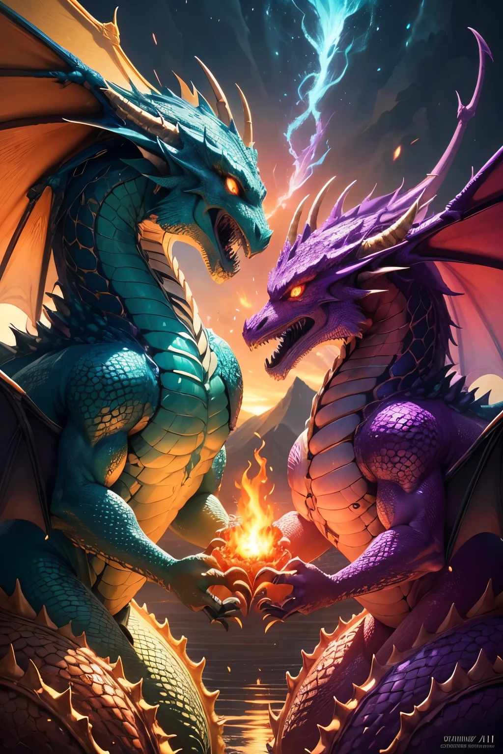 A colorful scene with an overall vibrant atmosphere where the luck is rising and dragons are descending. (best quality,4k,8k,highres,masterpiece:1.2),ultra-detailed,(realistic,photorealistic,photo-realistic:1.37),dragon descending,uplifting atmosphere,luck rising,dragon wings spread wide,shimmering scales,dragon scales reflecting light,playful dragons,joyful expressions on dragons' faces,energetic movement of dragons,beautifully textured dragon skin,elaborate dragon horns and spikes,fantastical dragon tails swirling in the air,mystical glowing patterns on dragons,body of water reflecting dragon's presence,vivid and vibrant colors,diverse range of colors,soft natural lighting illuminating scene.