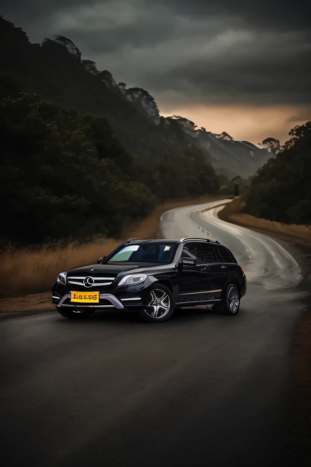 Black Mercedes GLK汽车行驶在天空多云的道路上, S curve road，mountain in the back，lush greenery，vehicle photography, automatic photography, car photography, wide portrait, car photography, car commercial photograph, panoramicshooting, High quality pictures, wide-angle vistas, Mercedes, Mercedes·奔驰, luxury, intense expression, post processing, Photos taken with Sony a7r, Stylish pose, Panoramic view inside the car，The sky  overcast，It seems like this&#39;It's going to rain，Black Mercedes GLK，S curve road