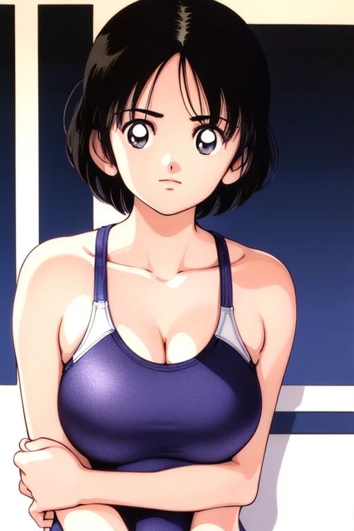 1girl, haruka, black hair, short hair, bangs, looking at viewer, medium breast, cleavage, (seiza), slender, upper body, ((blue competition swimsuit)), (best quality, masterpiece:1.3)