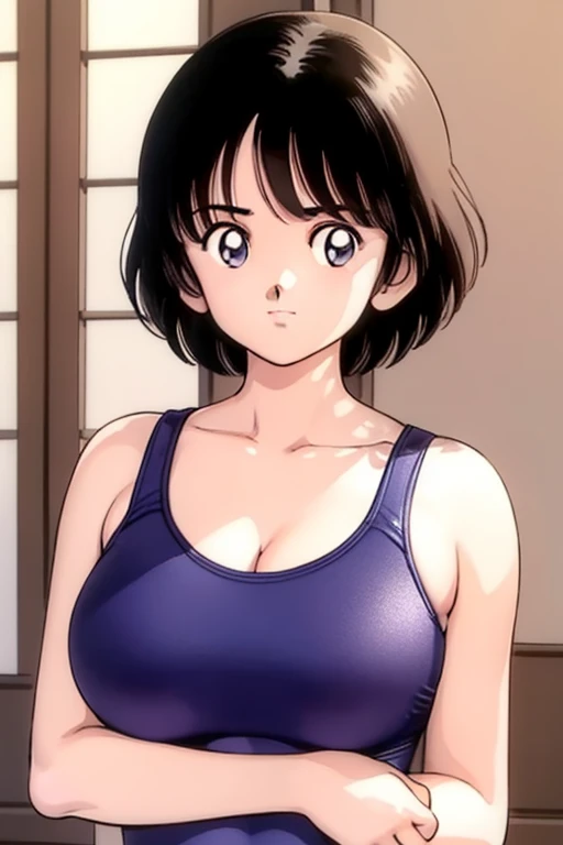 1girl, haruka, black hair, short hair, bangs, looking at viewer, medium breast, cleavage, (seiza), slender, upper body, ((blue competition swimsuit)), (best quality, masterpiece:1.3)