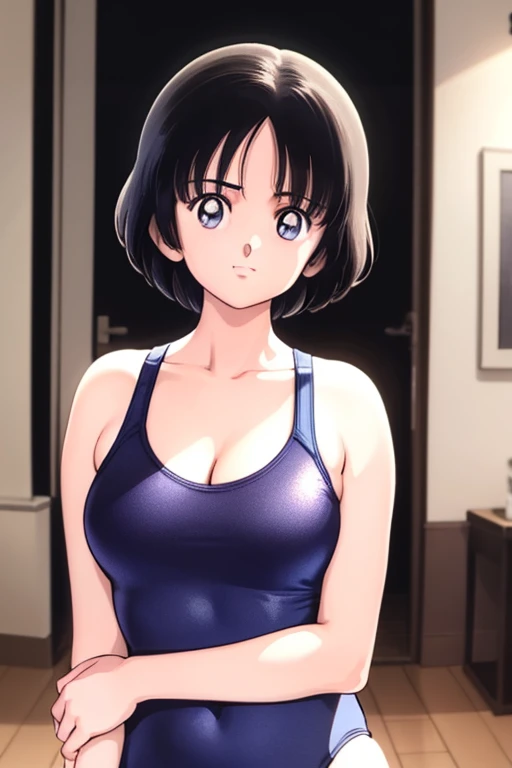 1girl, haruka, black hair, short hair, bangs, looking at viewer, medium breast, cleavage, (seiza), slender, upper body, ((blue competition swimsuit)), (best quality, masterpiece:1.3)