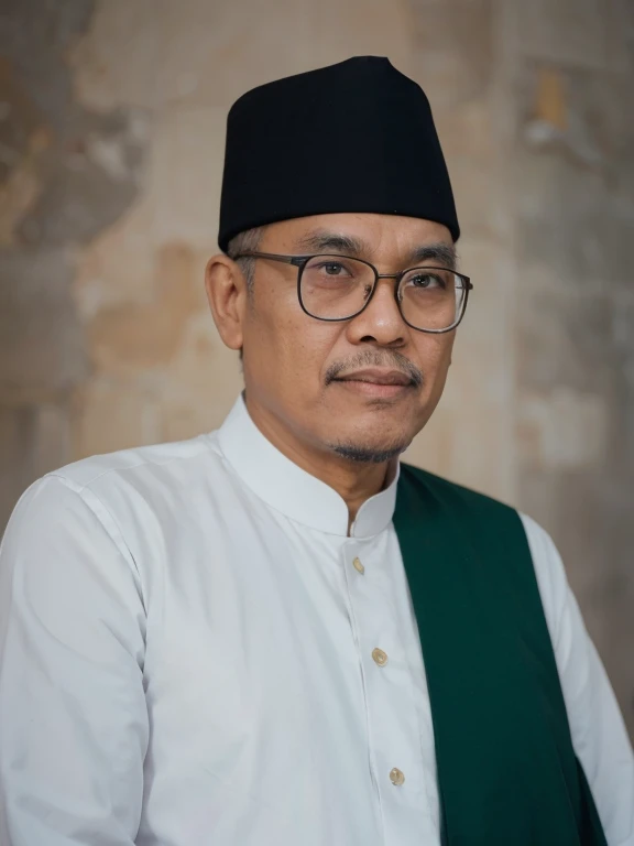 A man wearing a black Indonesian Muslim cap, Wearing glasses, smiling, beautiful hair, 3D render, 3D Cartoon, big head, cartoonish look, high resolution, super detail, soft lighting