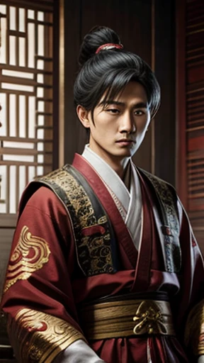 oriental、man in ancient chinese clothes、ancient chinese hairstyle man、three kingdom、multiple warlords、highest quality、masterpiece、ultra high resolution、(Photoreal:1.4)、game poster、inside the house、alone