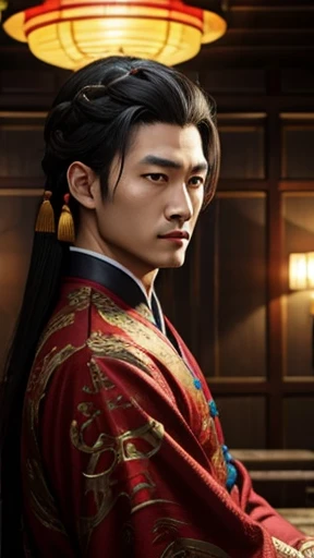 oriental、man in ancient chinese clothes、ancient chinese hairstyle man、three kingdom、multiple warlords、highest quality、masterpiece、ultra high resolution、(Photoreal:1.4)、game poster、inside the house、alone
