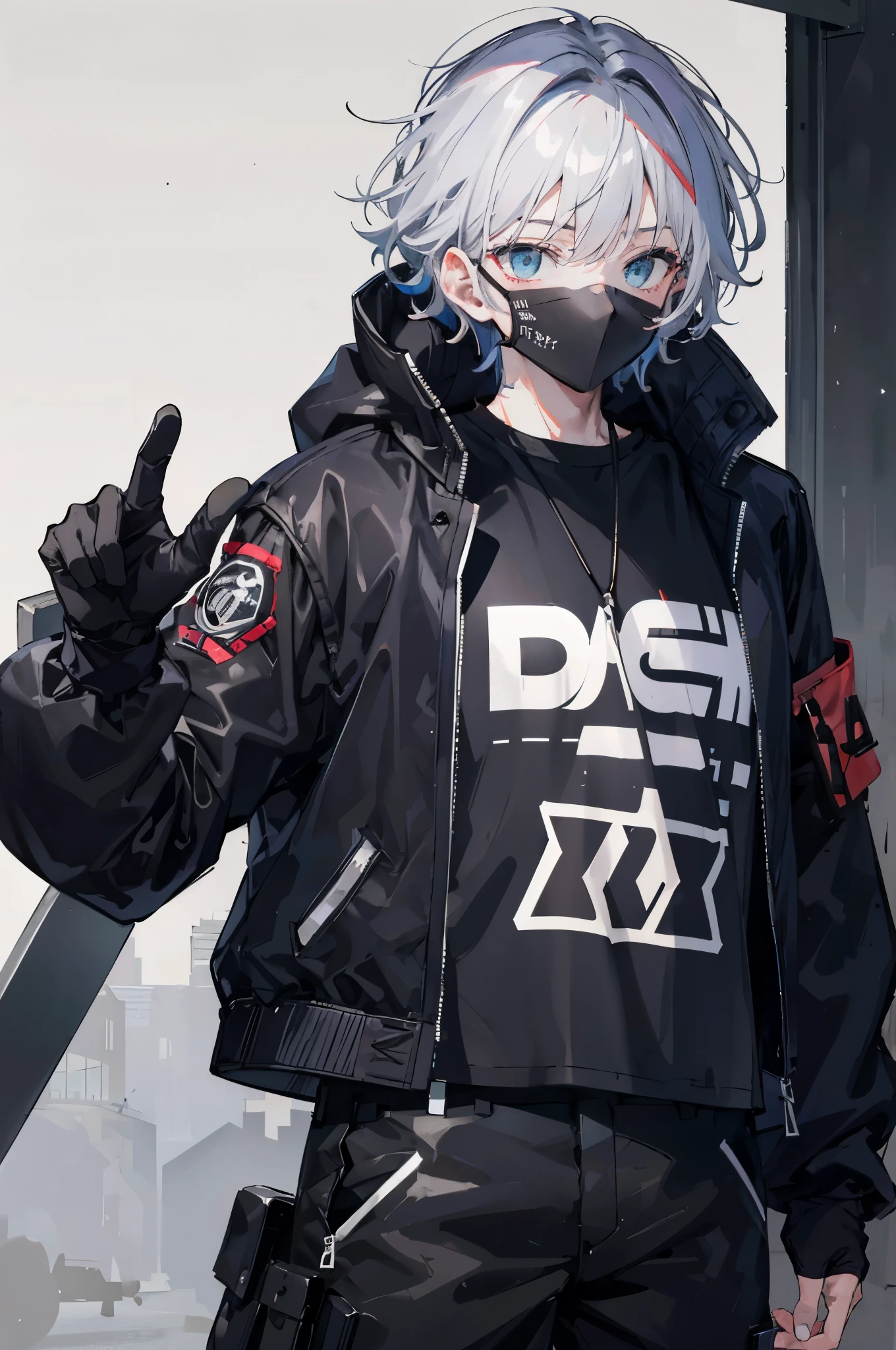1boy,gray hair,black shirt and black bomber jacket top of it,black cargo pants,wearing black mask,techwear style