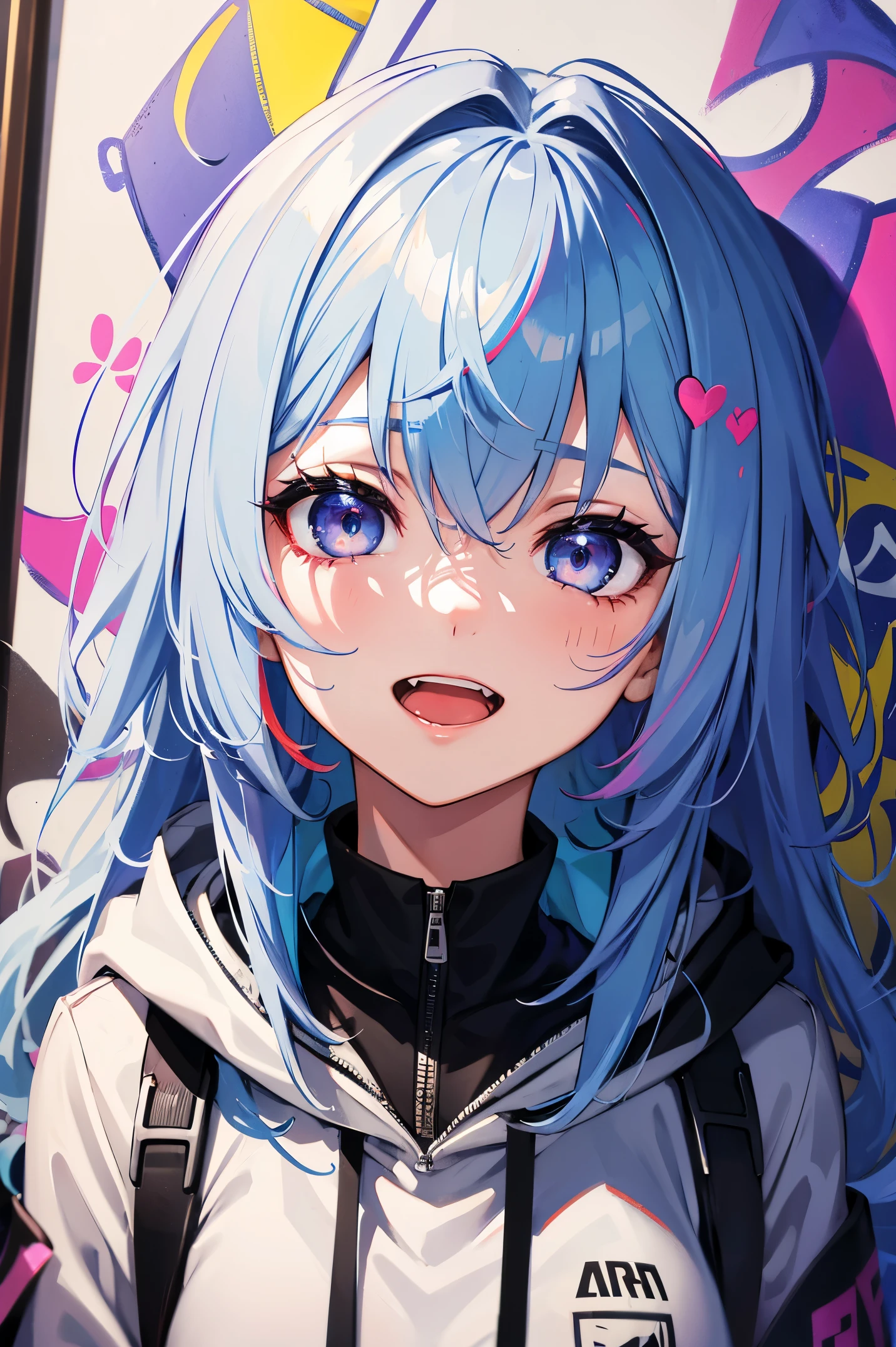 masterpiece, High quality, a high resolution, absurdity, ultra detailed, 8K, 1 girl, Platinum gray hair, blue hair, multicolored hair, Gradient Hair, Looking at the viewer, different colored eyes, Colorful hoodie, (Wall murals with graffiti:1.15), Brilliant colorful paintings, blossom, portrait, open mouth, Waist bag, near the wall, Bang, shadow, reflection, Face graffiti, different colored eyes, open mouth, yandere expression, smile, look at the viewer