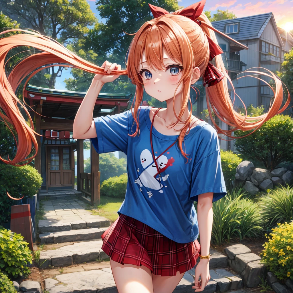 Red-blonde、blue hair、blue eyeraid、ponytail、one good looking girl、solo、anime、Plaid miniskirt、black t-shirt、camisole、forest、walking、Wearing a plaid baseball cap、Tilting your face、Doing the ribbon、sunset sky、stone bridge、stone stairs、petal、A small bird  flying、big tree、tunnel、squirt、Bang、stretching one&#39;s back