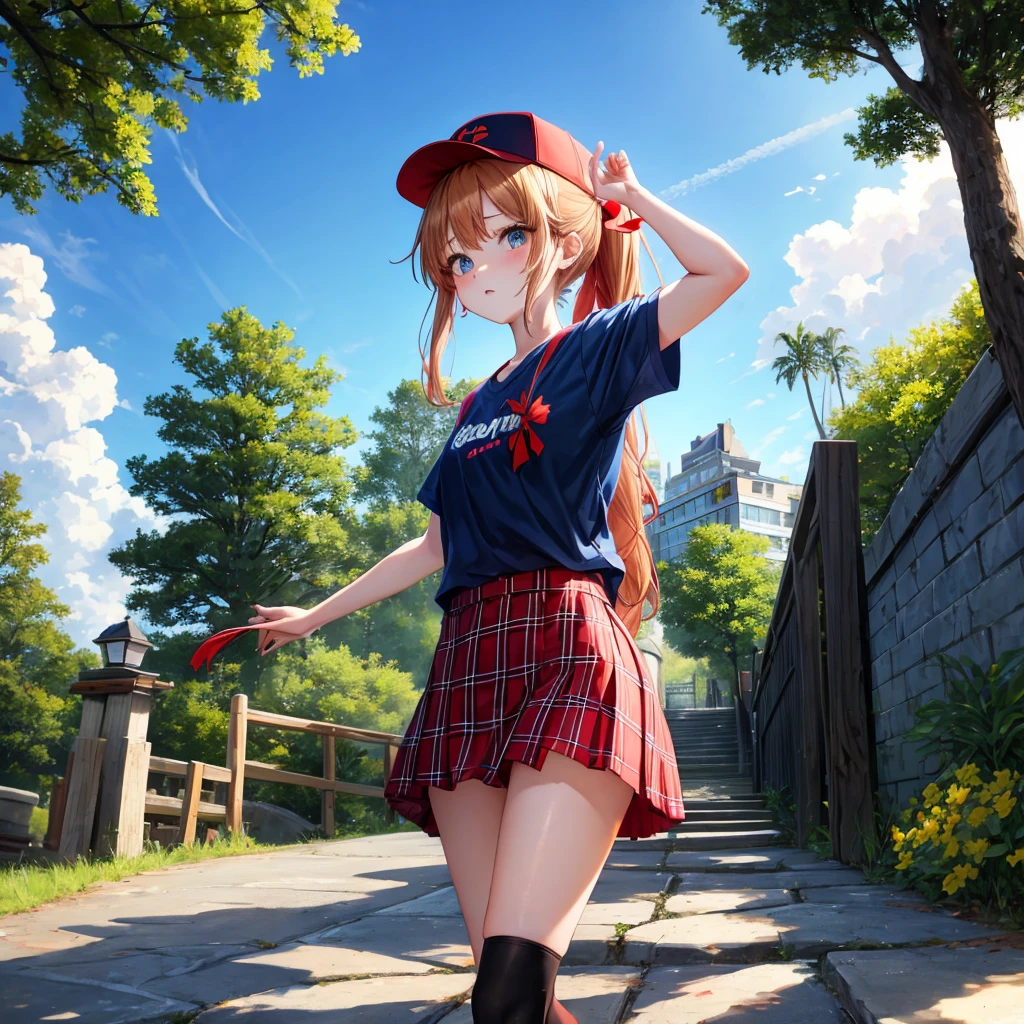 Red-blonde、blue hair、blue eyeraid、ponytail、one good looking girl、solo、anime、Plaid miniskirt、black t-shirt、camisole、forest、walking、Wearing a plaid baseball cap、Tilting your face、Doing the ribbon、sunset sky、stone bridge、stone stairs、petal、A small bird  flying、big tree、tunnel、squirt、Bang、stretching one&#39;s back