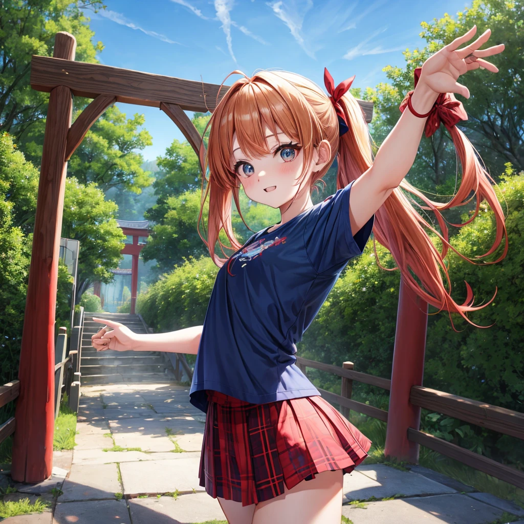 Red-blonde、blue hair、blue eyeraid、ponytail、one good looking girl、solo、anime、Plaid miniskirt、black t-shirt、camisole、forest、walking、Wearing a plaid baseball cap、Tilting your face、Doing the ribbon、sunset sky、stone bridge、stone stairs、petal、A small bird flying、big tree、tunnel、squirt、Bang、stretching one's back