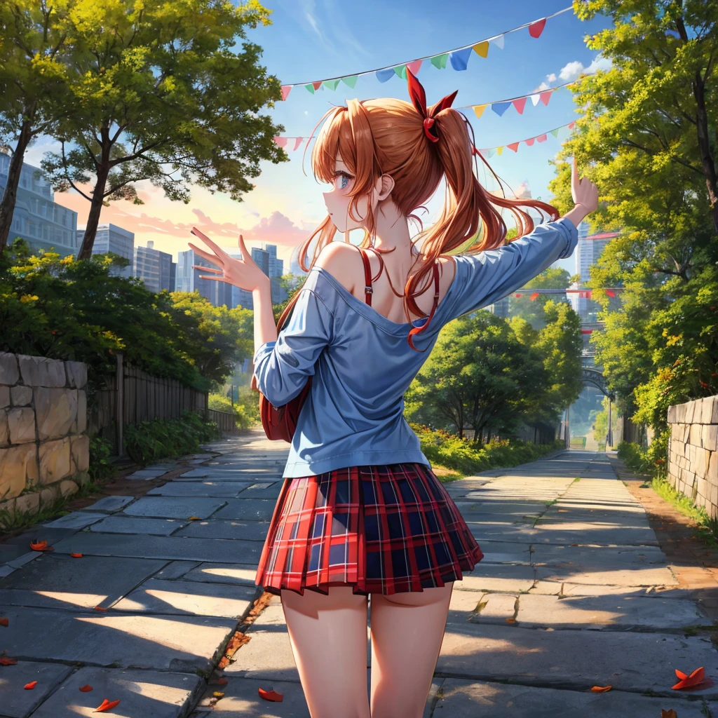 Red-blonde、blue hair、blue eyeraid、ponytail、one good looking girl、solo、anime、Plaid miniskirt、black t-shirt、camisole、forest、walking、Wearing a plaid baseball cap、Tilting your face、Doing the ribbon、sunset sky、stone bridge、stone stairs、petal、A small bird flying、big tree、tunnel、squirt、Bang、stretching one's back、Fallen leaves