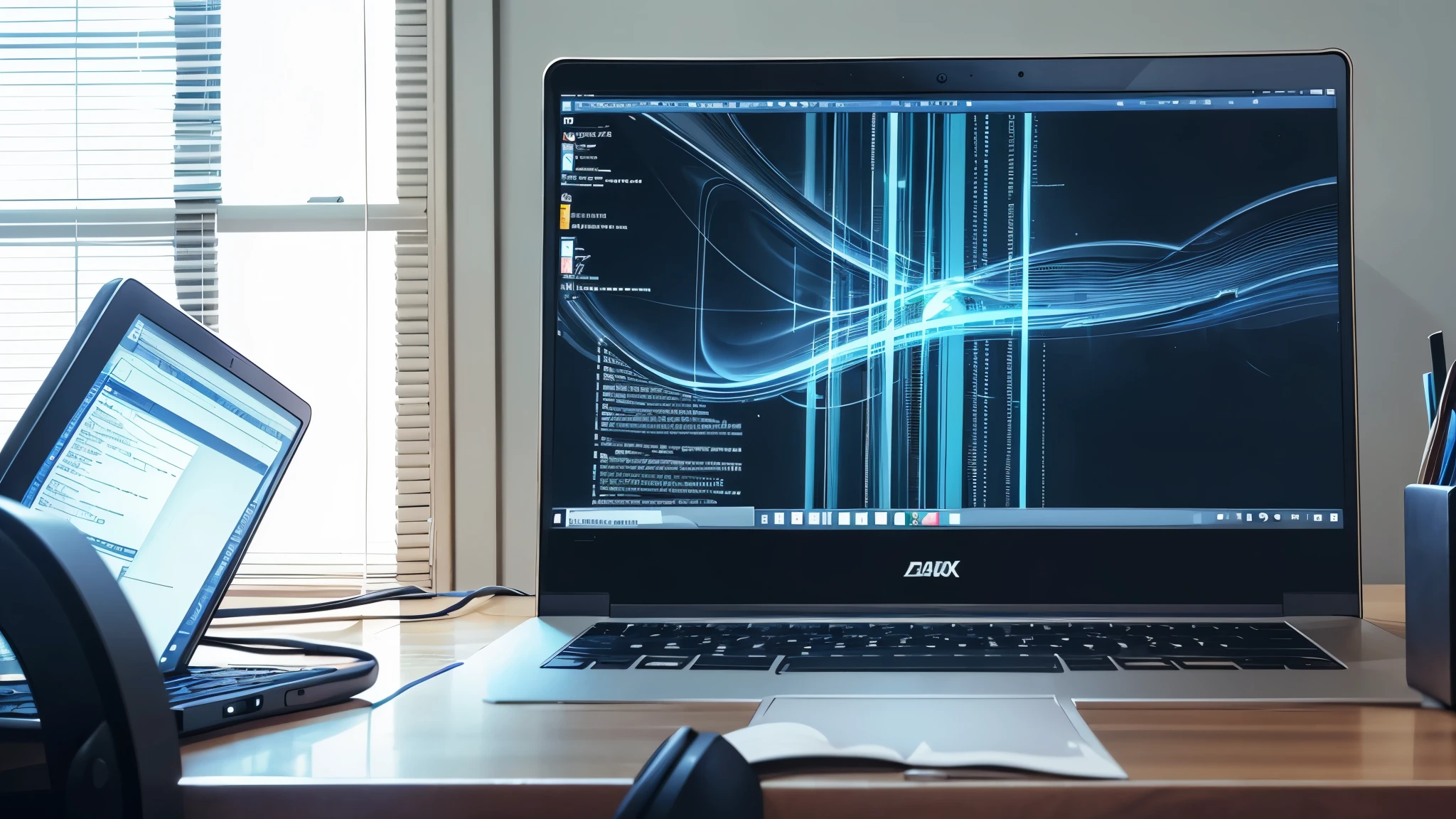A close-up view of a black laptop lying on a sleek, minimalist wooden desk, with a pair of hands symmetrically presenting it from the sides. The hands are closer to the laptop, almost cradling it, to emphasize the importance of the device. The laptop's screen filled with detailed Python code, indicating a work in progress. The desk's texture finely detailed, and the ambient lighting creates a focused and intimate presentation setting, with a --auto --s2