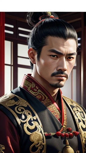 oriental、man in ancient chinese clothes、ancient chinese hairstyle man、three kingdom、multiple warlords、highest quality、masterpiece、ultra high resolution、(Photoreal:1.4)、game poster、inside the house、