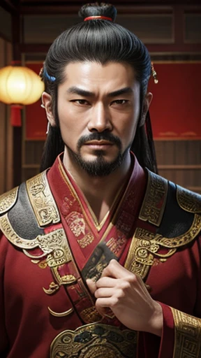 oriental、man in ancient chinese clothes、ancient chinese hairstyle man、three kingdom、multiple warlords、highest quality、masterpiece、ultra high resolution、(Photoreal:1.4)、game poster、inside the house、