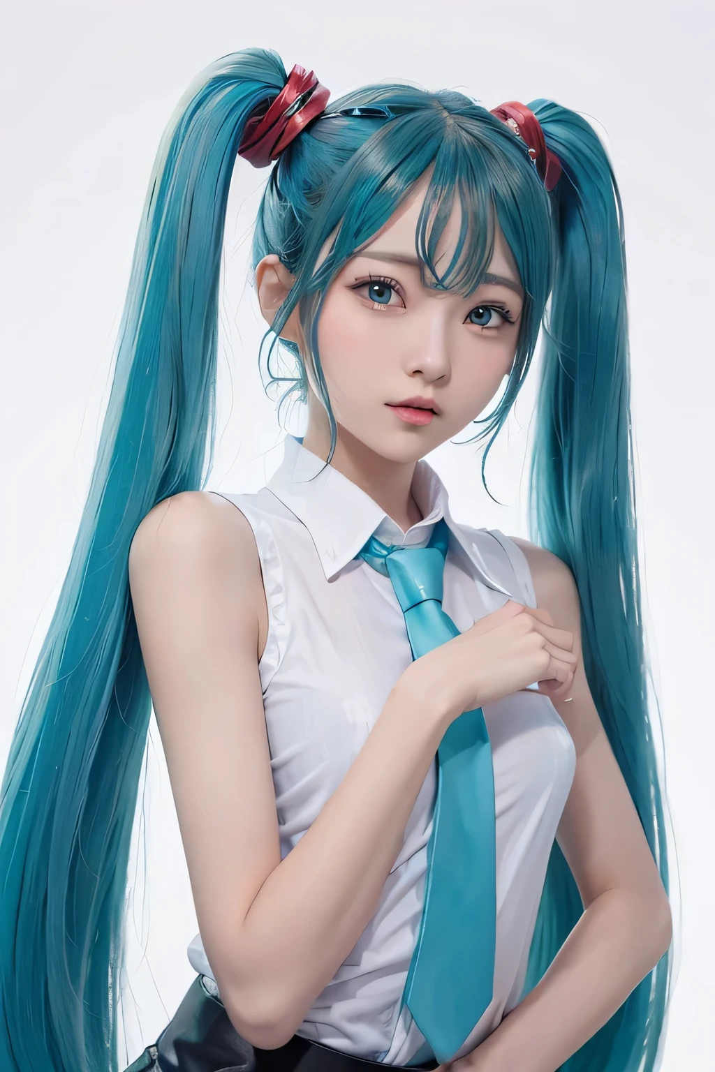 {The theme is Hatsune Miku}、(White Sleeveless Long Shirt:1.3)、((turquoise tie))、 (Red hairpin:1.3)、(twin tails、crazy turquoise long hair:1.3)、, shiny hair, expressive hair, crystal hair, gradient eyes, Artistic, conceptual art, glitter effect , shine, UHD, retina, masterpiece, Accurate, anatomically correct, Super detailed, high detail, fine skin,((flat body、slim、cute:1.3))、(Background of the note:1.3)、