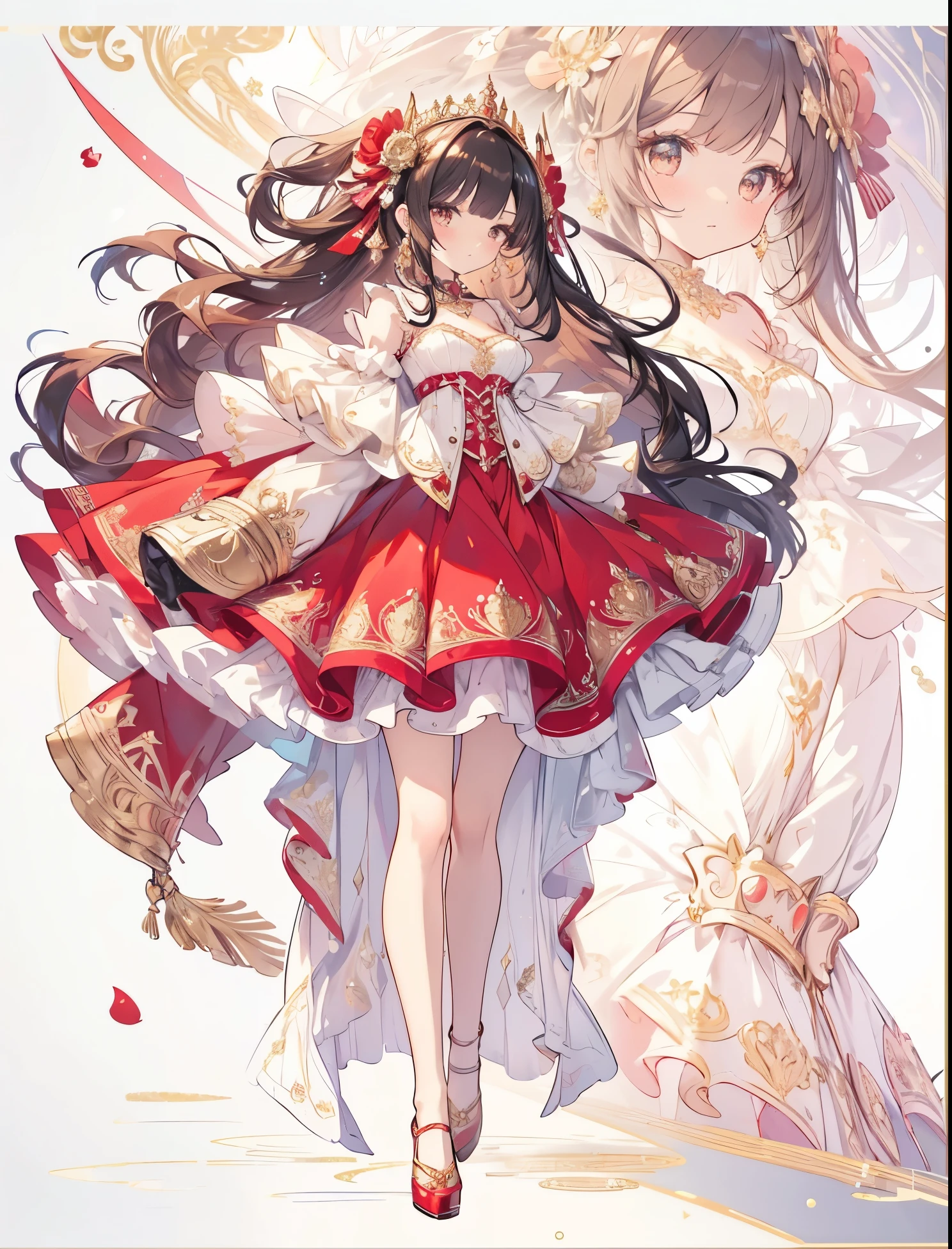 Super delicate photo of a girl wearing a majestic red and golden white ball gown dress,big beautiful dress, Intricate billowing ball gown with lots of ruffles and rhinestones, pieces fly, art station, fantasy art:1.2), Palace Room, beautiful cute girl, (long hair:1.2), (intricate short gold skirt 1.2, full body shot)