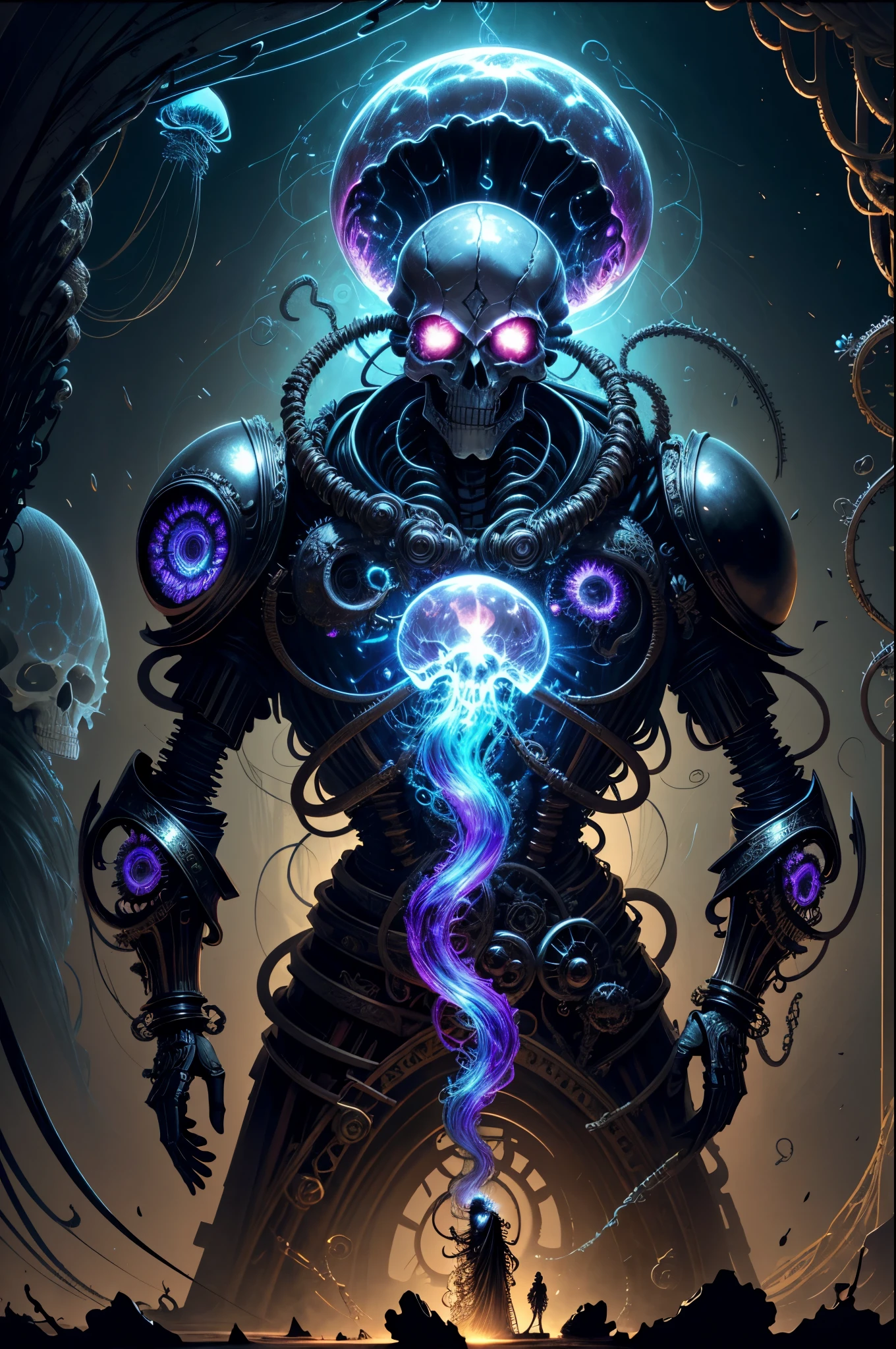 (Masterpiece, best quality :1.3), ultra-detailed, intricate, 8k, HDR, wallpaper, movie lighting, (Universe), gun, (shooting position), glow, armor, ((manic smile)), red eyes, Mecha, large wings, head close-up (metal skeleton parasitically parasized by a dreamlike transparent jellyfish), An altar of abstractly twisted jellyfish tentacles holds a very large (mysterious skull made of metal), a waterfall of transparent tentacles above the skull, (dark sunglasses, highly reflective lenses, a rainbow around the skull), and an energetic circular composition only illustrates the influence of various structural forces (steampunk decorative elements, cogs, and other elements). Pointer, chain decoration combination,
