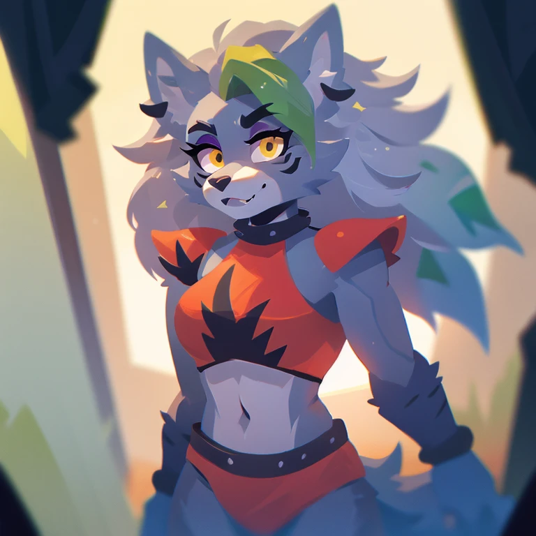 best quality, fnafroxanne, furry female, body fur, makeup, wolf ears, wolf tail, grey hair, green hair, yellow eyes, crop top,