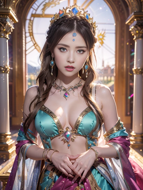 finest image, (8k, RAW photo, realistic), detailed and delicate depiction and flashy and dynamic painting method, beautiful princess, white braided bangs hair, blue big eyes, amorous expression, lewd expression, small breasts, under boobs, side boobs, abs, slender, perfect proportion, brilliant platinum plated crown, dress made of (diamonds crystals pink-sapphires emeralds aquamarines amethysts rainbow-moonstones white-opal, background shining golden dragon embroidery on sparkling silver plated pillars of the royal palace