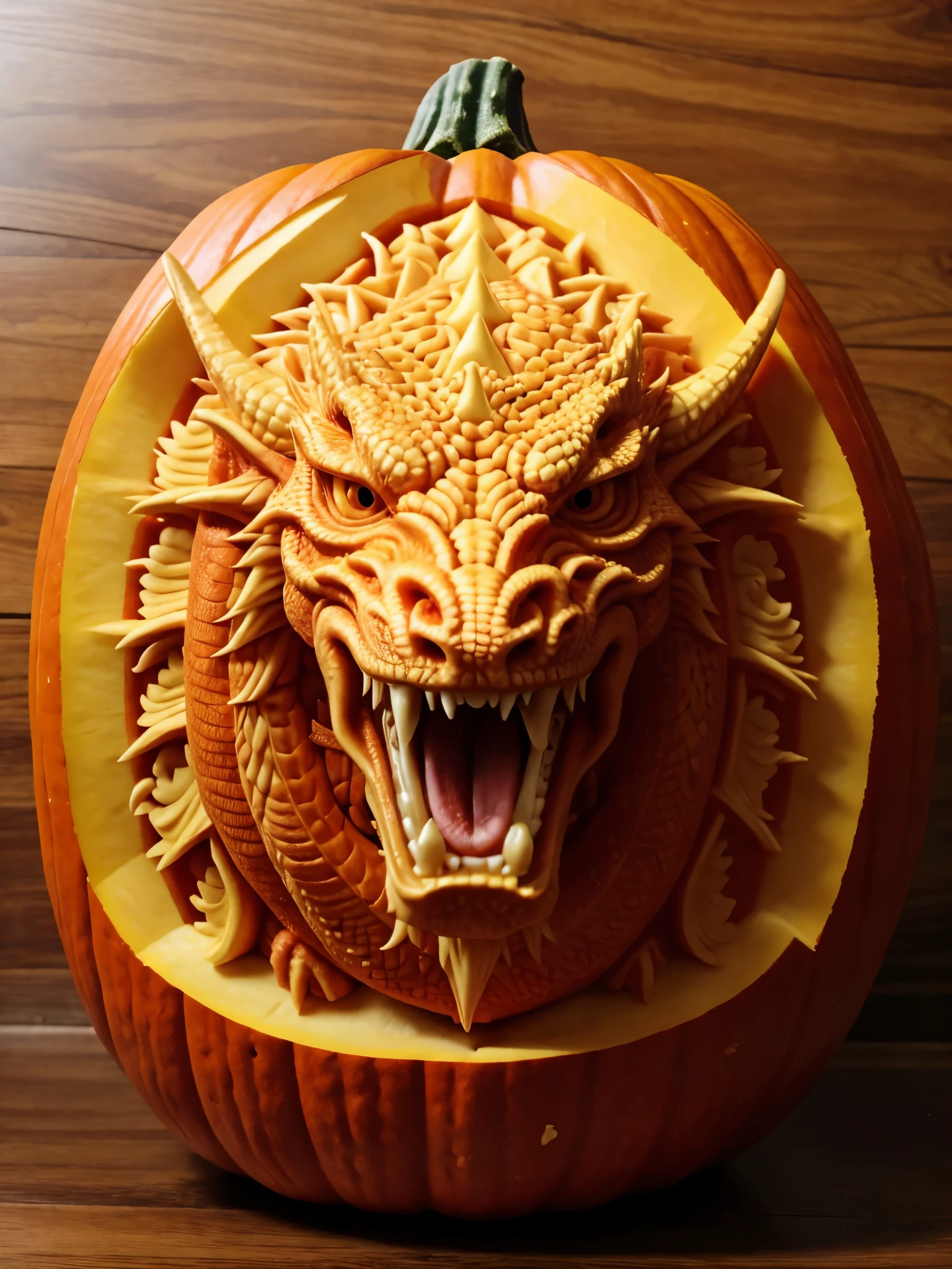 best quality, super detailed, lifelike,3d rendering, Pumpkin carving,dragon