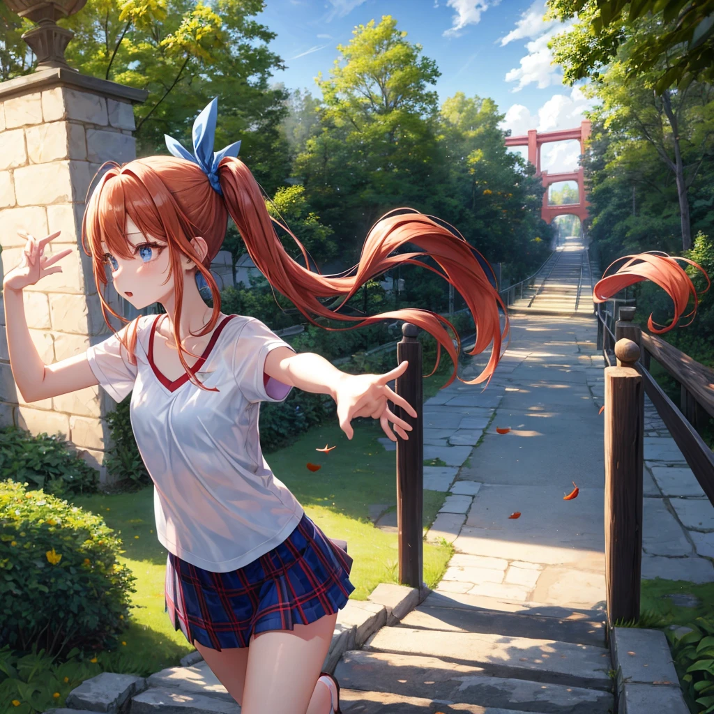 Red-blonde、blue hair、blue eyeraid、ponytail、one good looking girl、solo、anime、Plaid miniskirt、black t-shirt、camisole、forest、walking、Wearing a plaid baseball cap、Tilting your face、Doing the ribbon、sunset sky、stone bridge、stone stairs、petal、A small bird flying、big tree、tunnel、squirt、Bang、stretching one's back、Fallen leaves
