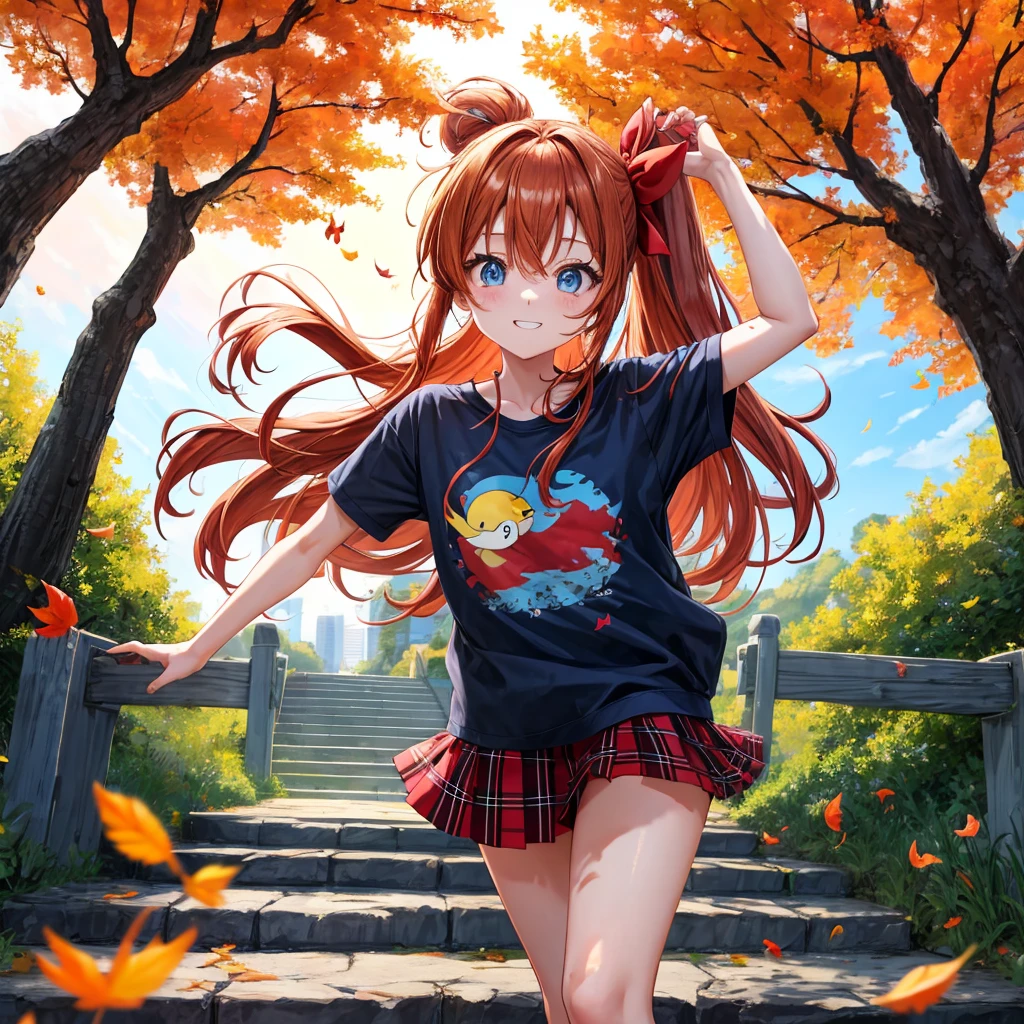 Red-blonde、blue hair、blue eyeraid、ponytail、one good looking girl、solo、anime、Plaid miniskirt、black t-shirt、camisole、forest、walking、Wearing a plaid baseball cap、Tilting your face、Doing the ribbon、sunset sky、stone bridge、stone stairs、petal、A small bird  flying、big tree、tunnel、squirt、Bang、stretching one&#39;s back、Fallen leaves