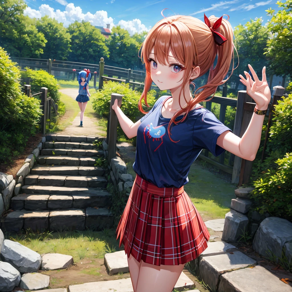 Red-blonde、blue hair、blue eyeraid、ponytail、one good looking girl、solo、anime、Plaid miniskirt、black t-shirt、camisole、forest、walking、Wearing a plaid baseball cap、Tilting your face、Doing the ribbon、sunset sky、stone bridge、stone stairs、petal、A small bird flying、big tree、tunnel、squirt、Bang、stretching one's back、Fallen leaves