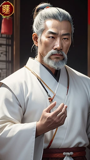 oriental、ancient chinese man in white clothes、ancient chinese hairstyle man、three kingdom、multiple warlords、highest quality、masterpiece、ultra high resolution、(Photoreal:1.4)、game poster、inside the house、Upper body、highest quality、masterpiece、ultra high resolution、(Photoreal:1.4)、game poster