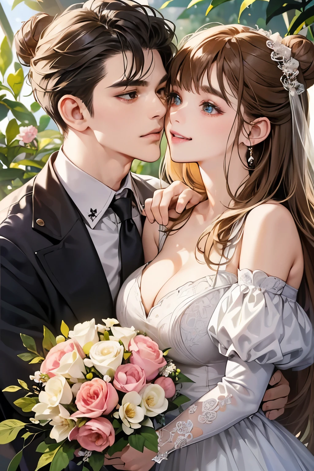(table top, digital art, digital illustration, 4K, 8K, super detailed, beautiful images, clear image, realistic, RAW photo, perfect face, perfect lines, perfect eyes, soft lighting) 1 female, (light brown hair,bun hair,innocent look,droopy eyebrows,drooling eyes,With a round face,Round jaws、innocence,cute,Big eyes,natural makeup,smile gently,E cup,23 year old female:1.3),Two handsome men in suits, (human,Men in suits,muscular,Firm shoulder width, mannish hairstyle,A man in his 30s with a cool expression,28-year-old man with bright smile:1.2),A garden full of light、lots of flowers、squirt、colorful flowers、(embarrassing,shy smile,bouquet of haze:1.2),Antique sofa,Resort Sofa,the kiss、kiss、couple、couple kissing、romance、Wedding dress、wedding style、誓いのkiss、hug