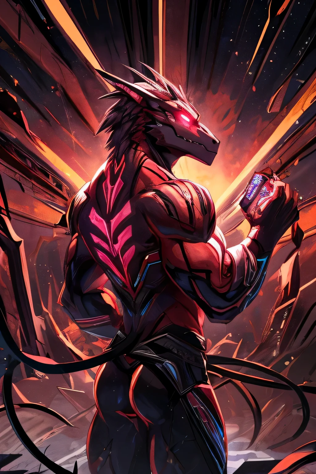 masterpiece, best quality, perfect anatomy, (detailed eyes:1.2), (Red Raptor), male, solo, cables as tenacles from back, glowing eyes, floating in air, digital_space, binary, glitchy, glitch creature, liquid, detailed background, Evil, Mischief, kemono, solo, made of glitch, void creature, chaos, corruption, bara, muscles, anime_pose, negative_space, inverted_filter, glitched, error, virus, malware, malicious