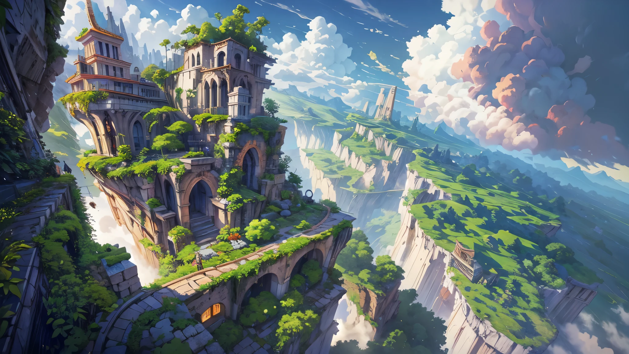 octane render,8K resolution concept art, realism,by Mappa studios,masterpiece,best quality,official art,illustration,ligne claire,(cool_color),perfect composition,absurdres, fantasy,focused,(in the air),(above the cloud:1.4),(finely detailed ancient lost_city:1.3),(lost_city towering above the clouds:1.2),epic,(focus_girl:1.2),(girl in city peak of Broken bridge), sitting on the verge of that bridge looking at the far horizons,rule of thirds,anime_face,fine-tuning face, detailed eyes,cute face,black hair, finely detailed fantasy traveler clothes,calm expression ,overhead_viewer,wind blow at viewer,fantastic plant,book,(Giant World Tree),motion,(depth_of_field), extension image, front view 