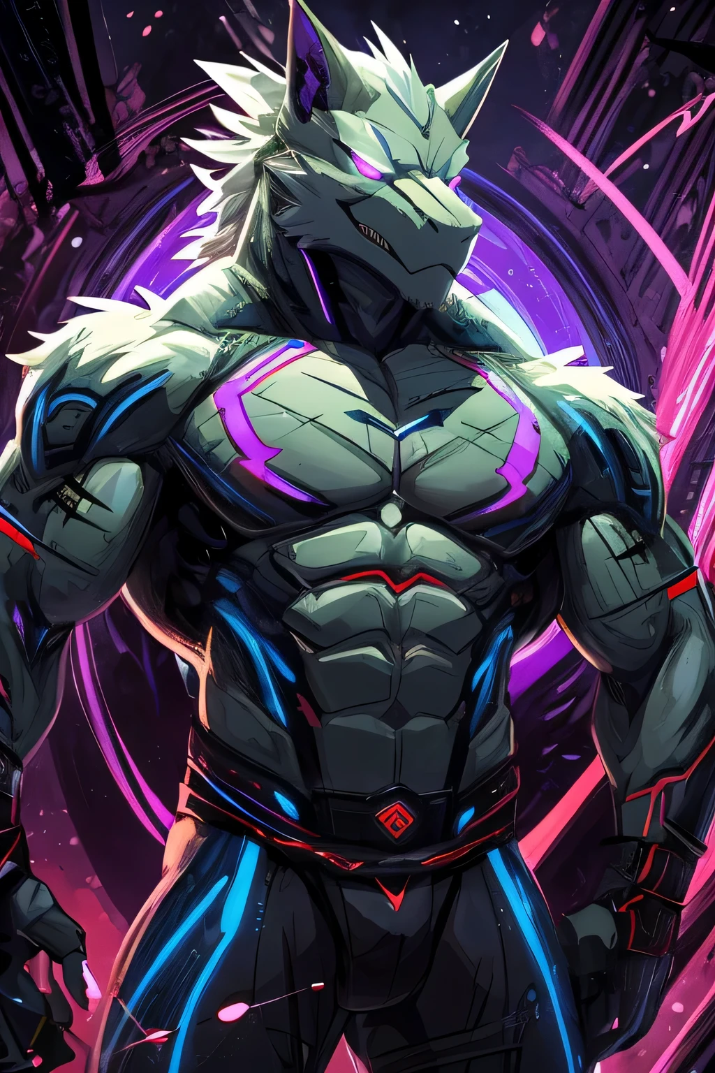 masterpiece, best quality, perfect anatomy, (detailed eyes:1.2), (Red Raptor), male, solo, cables as tenacles from back, glowing eyes, floating in air, digital_space, binary, glitchy, glitch creature, liquid, detailed background, Evil, Mischief, kemono, solo, made of glitch, void creature, chaos, corruption, bara, muscles, anime_pose, negative_space, inverted_filter, glitched, error, virus, malware, malicious