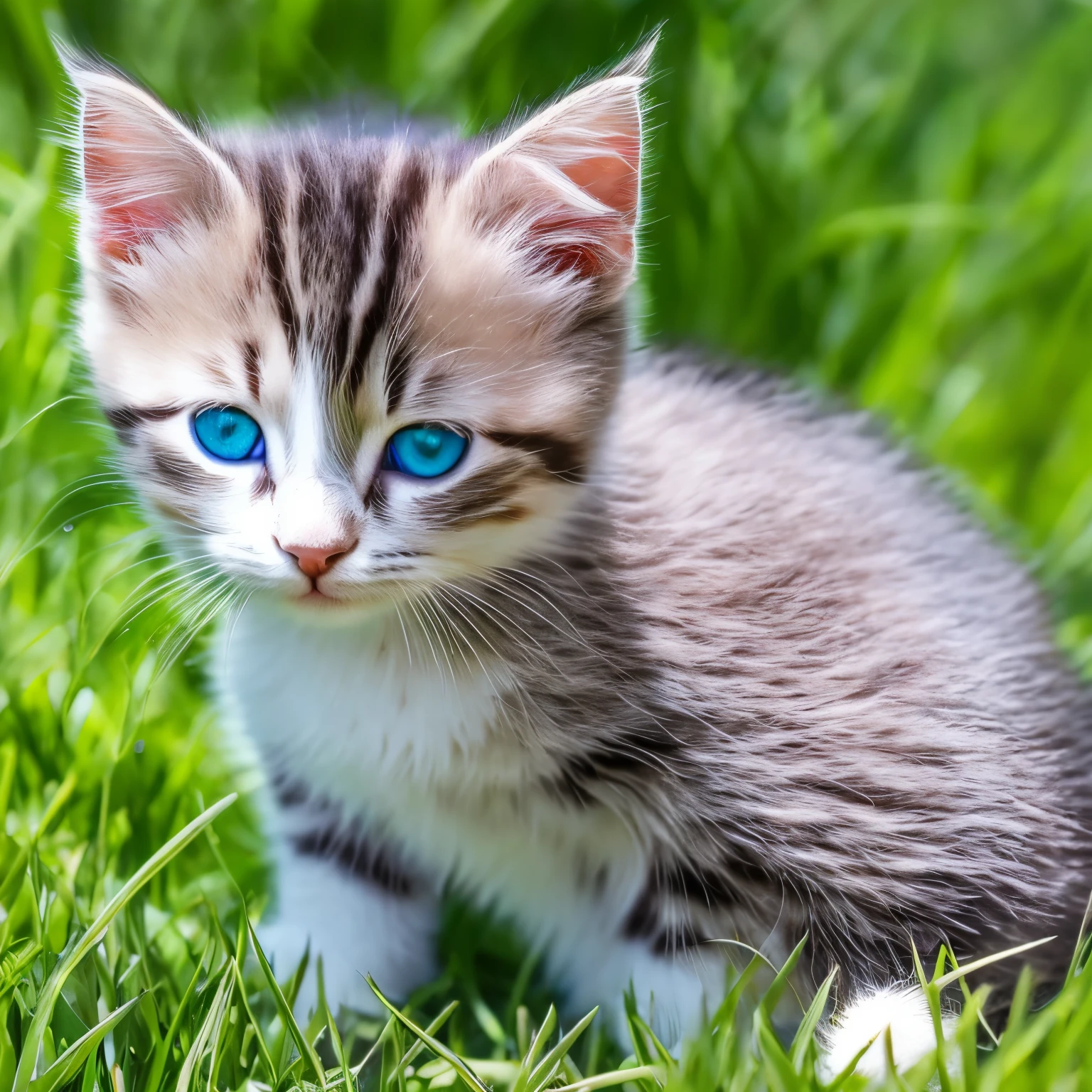 A cute kitten,soft fur,piercing blue eyes,happy and playful posture,green grass,clean and sunny environment,high quality,4k ultra-detailed image,realistic coloring,soft lighting.