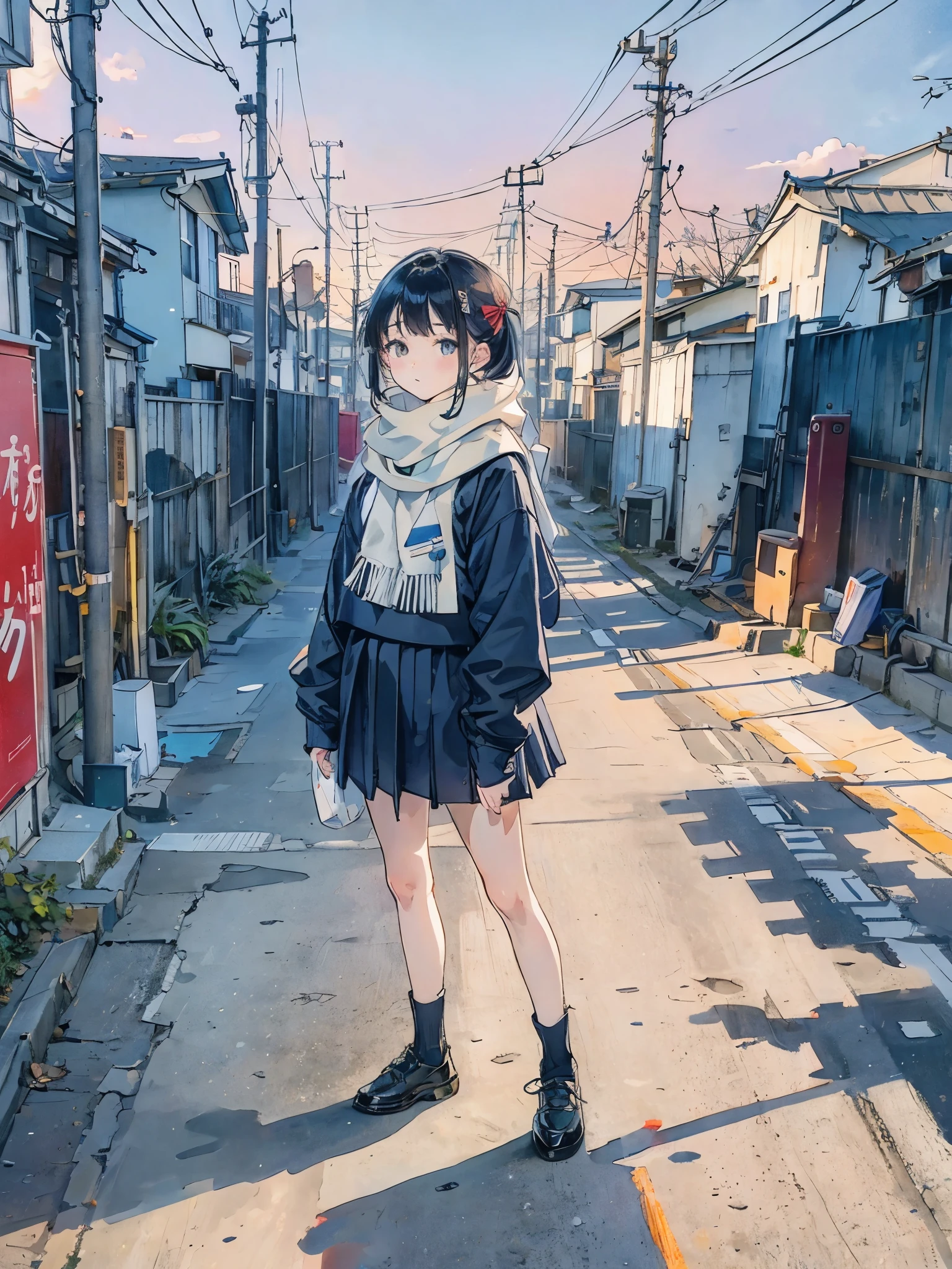 Girl in a sailor suit、residential street、utility pole、Scarf、concrete