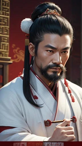 oriental、ancient chinese man in white clothes、ancient chinese hairstyle man、three kingdom、multiple warlords、highest quality、masterpiece、ultra high resolution、(Photoreal:1.4)、game poster、inside the house、Upper body、highest quality、masterpiece、ultra high resolution、(Photoreal:1.4)、game poster