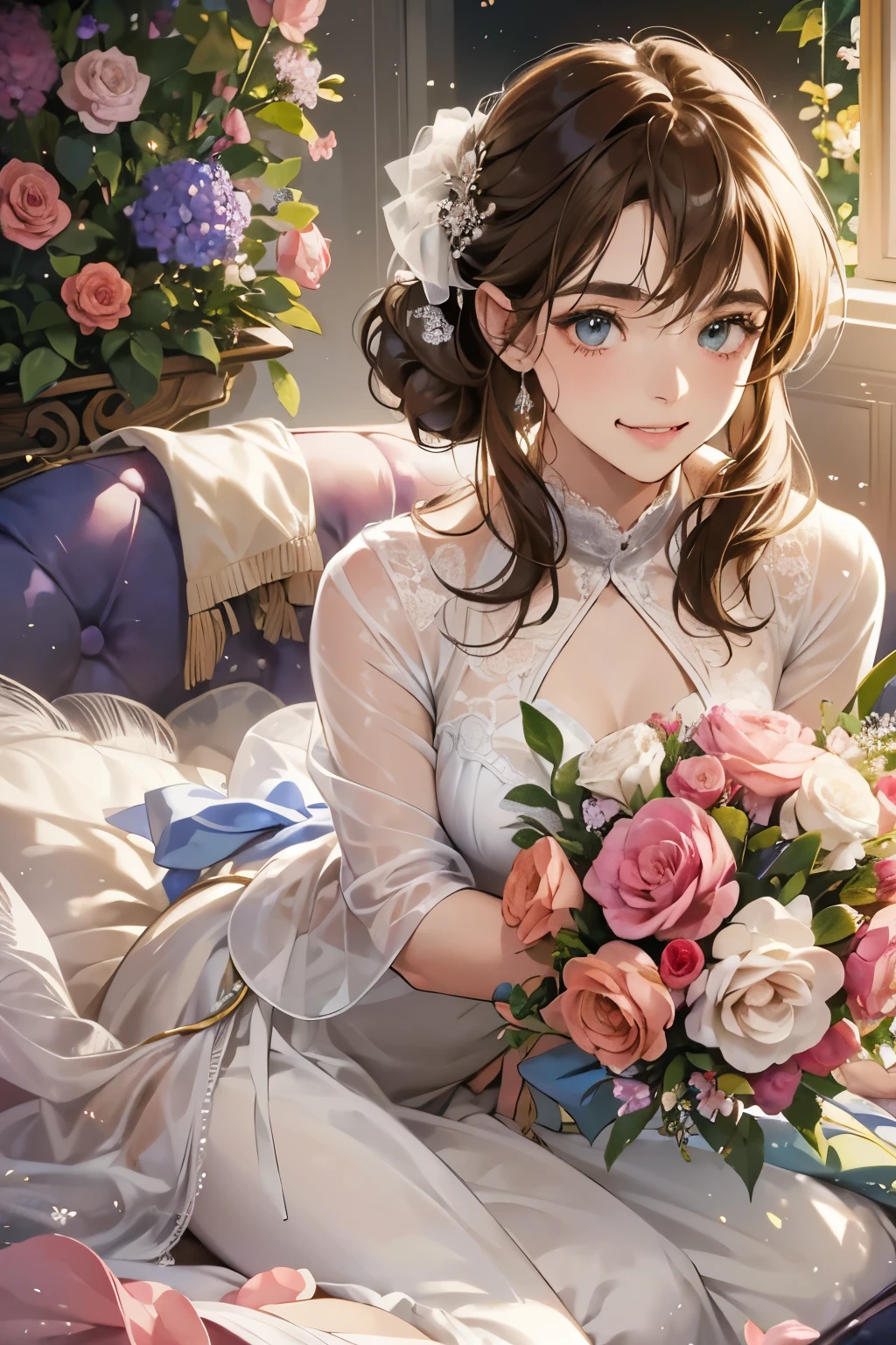(table top, digital art, digital illustration, 4K, 8K, super detailed, beautiful images, clear image, realistic, RAW photo, perfect face, perfect lines, perfect eyes, soft lighting) 1 female, (light brown hair,chignon hair,innocent look,droopy eyebrows,drooling eyes,With a round face,Round jaws、innocence,cute,Big eyes,natural makeup,smile gently,E cup,23 year old female:1.3),Two handsome men in suits, (human,Men in suits,muscular,Firm shoulder width, mannish hairstyle,A man in his 30s with a cool expression,28-year-old man with bright smile:1.2),A garden full of light、lots of flowers、squirt、colorful flowers、(embarrassing,shy smile,bouquet of haze:1.2),Antique sofa,Resort Sofa,the kiss、kiss、couple、couple kissing、romance、Wedding dress、wedding style、誓いのkiss、hug