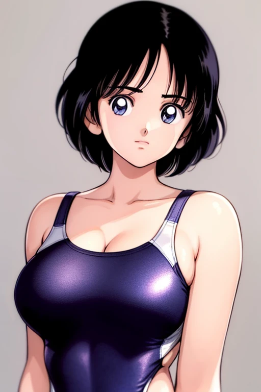 1girl, haruka, black hair, short hair, bangs, looking at viewer, medium breast, cleavage, (seiza), slender, upper body, ((competition swimsuit)), off_shoulder, (best quality, masterpiece:1.3), (perfect detailed anatomy, Beauty details eyes, Shiny skin, beautiful breasts and cleavage), 