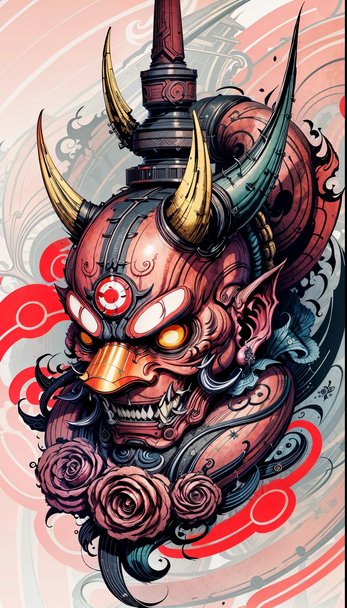 Hannya mask style 0milustrador, Obra maestra, alta calidad, 8k, Altas resoluciones, Altodetallado, caballero