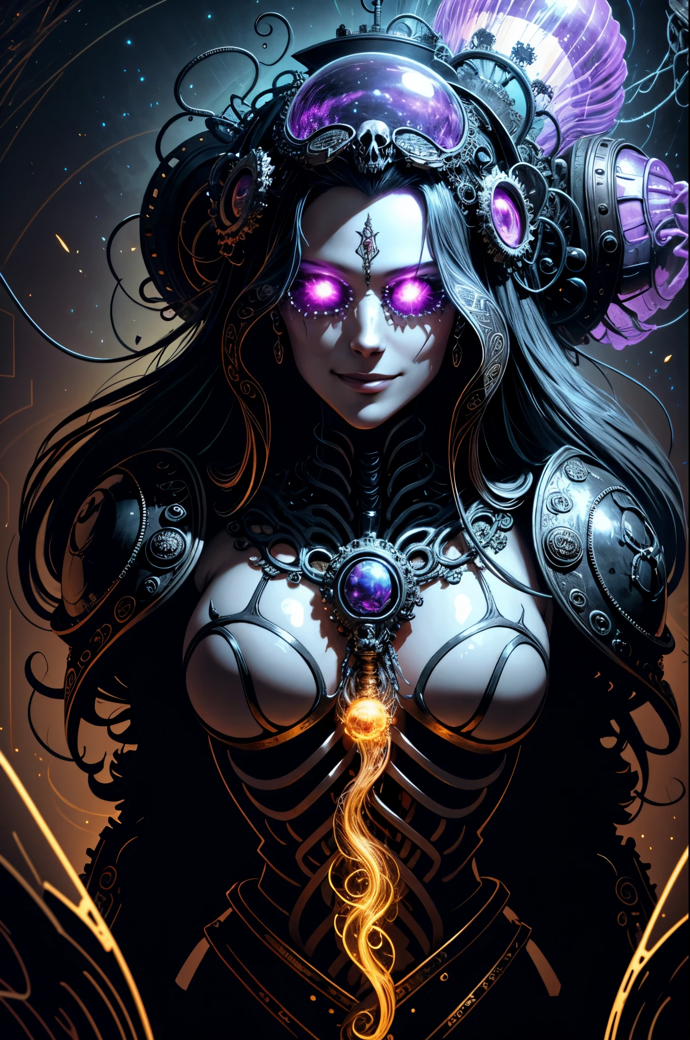 (Masterpiece, best quality :1.3), ultra-detailed, intricate, 8k, HDR, wallpaper, movie lighting, (Universe), gun, (shooting position), glow, armor, ((manic smile)), red eyes, Mecha, large wings, head close-up (metal skeleton parasitically parasized by a dreamlike transparent jellyfish), An altar of abstractly twisted jellyfish tentacles holds a very large (mysterious skull made of metal), a waterfall of transparent tentacles above the skull, (dark sunglasses, highly reflective lenses, a rainbow around the skull), and an energetic circular composition only illustrates the influence of various structural forces (steampunk decorative elements, cogs, and other elements). Pointer, chain decoration combination,