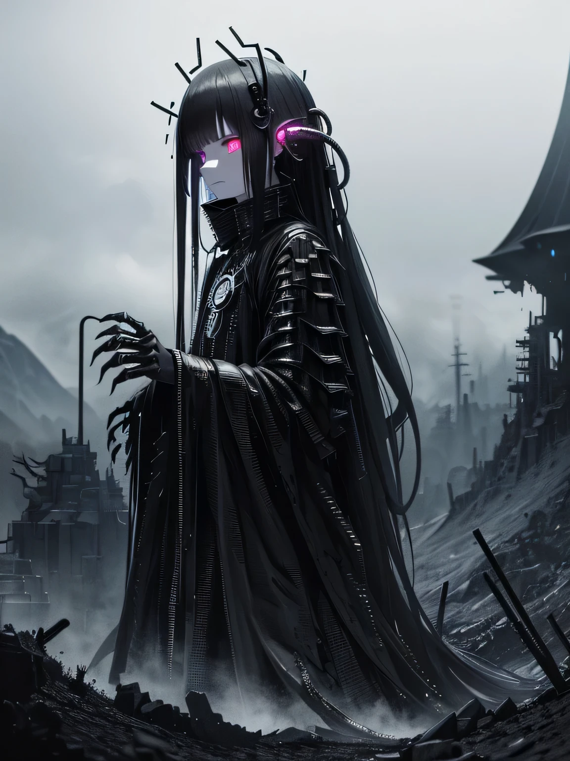 (dark biopunk art), ((biopunk tentacle hopeless horror fantasy art)), gloomy mechanized girl, black wounds, Steel inserts, biopunk mantis blades, Clothes made from bandages, long hair, iron medallion, high mountain peak, High Mountain, snow, gray and white colors, black tarry liquids, Dark sky, desolated, broken tents
