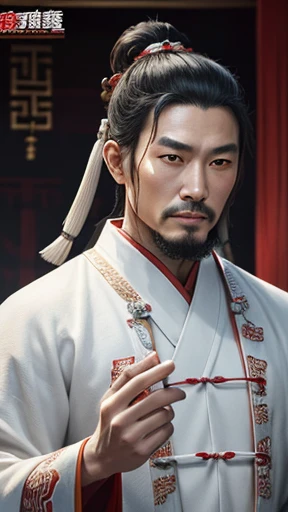 oriental、ancient chinese man in white clothes、ancient chinese hairstyle man、three kingdom、multiple warlords、highest quality、masterpiece、ultra high resolution、(Photoreal:1.4)、game poster、inside the house、Upper body、highest quality、masterpiece、ultra high resolution、(Photoreal:1.4)、game poster